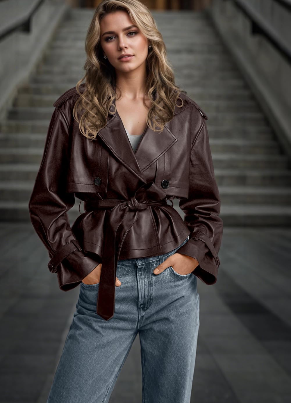 chouyatou Women's Fall Belted Faux Leather Jacket Modo Business Casual Faux Leather Short Trench Coat (X-Large, Brown)