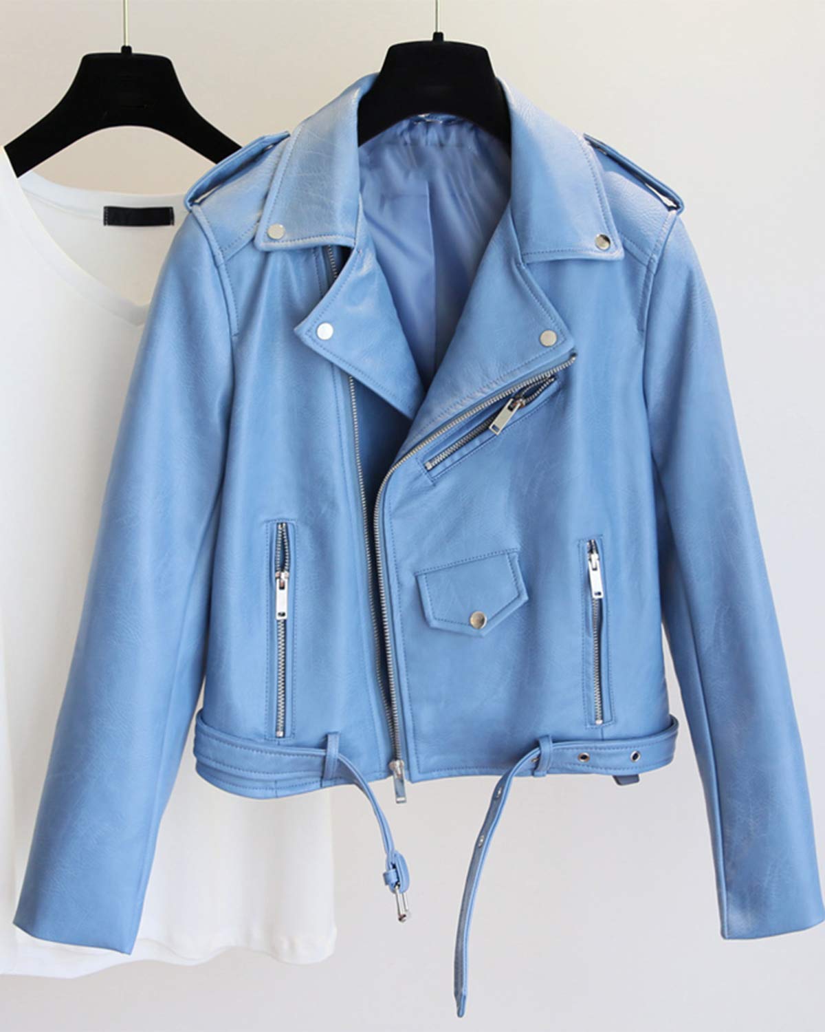 LY VAREY LIN Women's Faux Leather Motorcycle Jacket PU Slim Short Biker Coat (M, Blue)