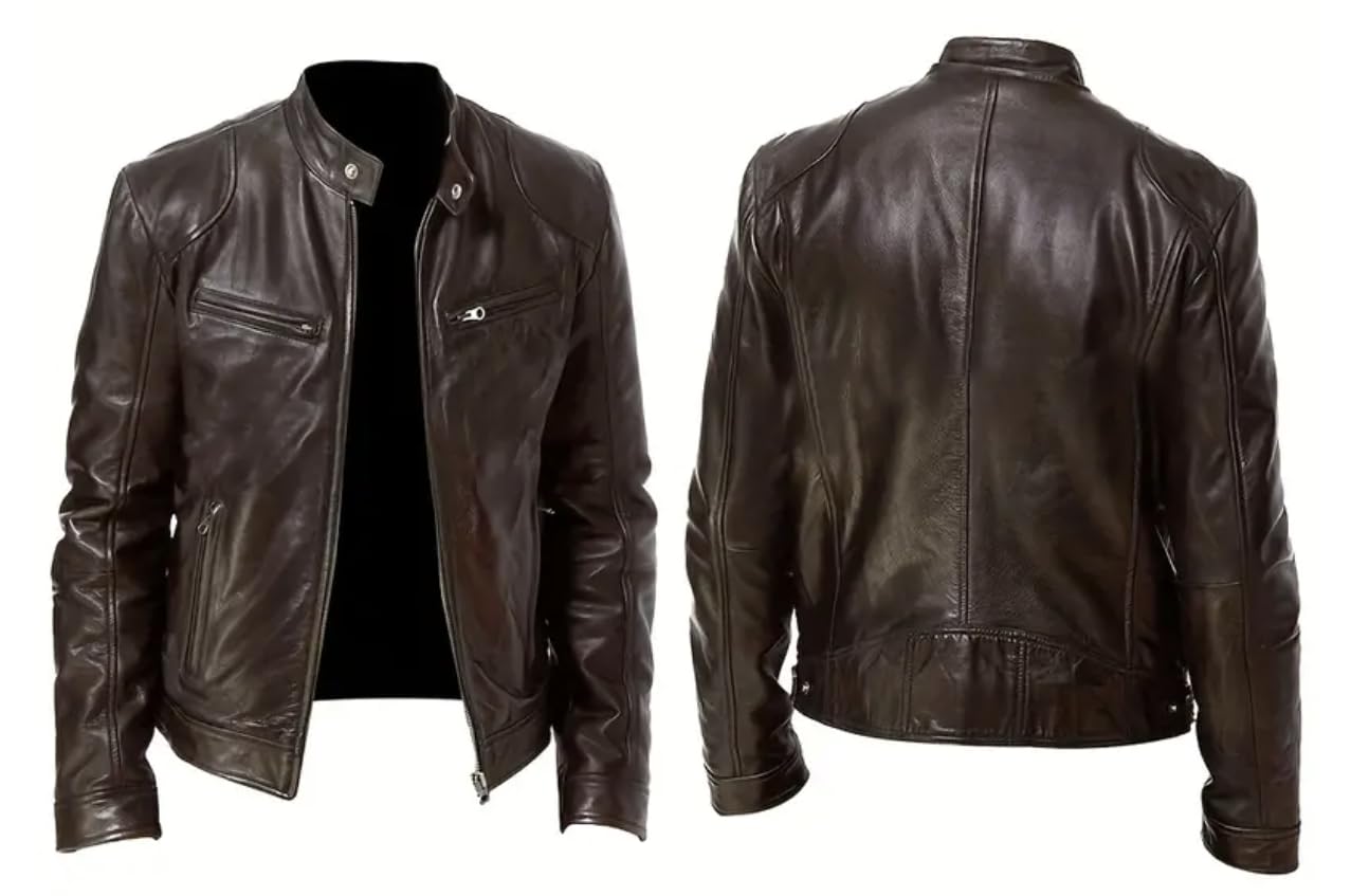 Men’s Leather Jacket Classic Biker Style Motorcycle Coat Fit Fashion Outerwear for Casual, Travel & Work Lightweight Fall & Winter Jackets for Men (US, Alpha, XX-Large, Regular, Regular, Brown)