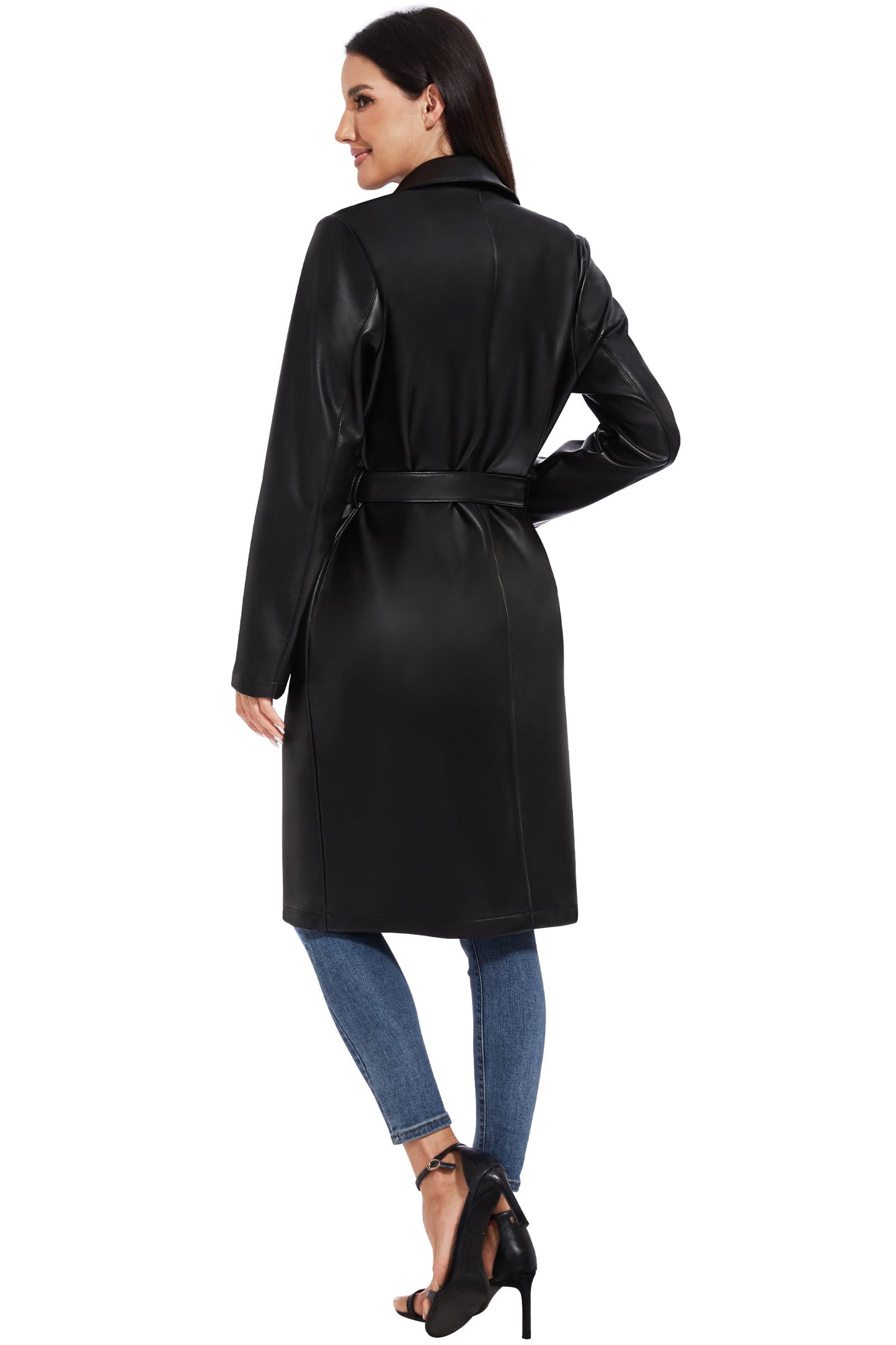 Fahsyee Women's Faux Leather Trench Coat, Motorcycle Jackets PU Moto Biker Outwear Fitted Slim Jacket Black Size XL