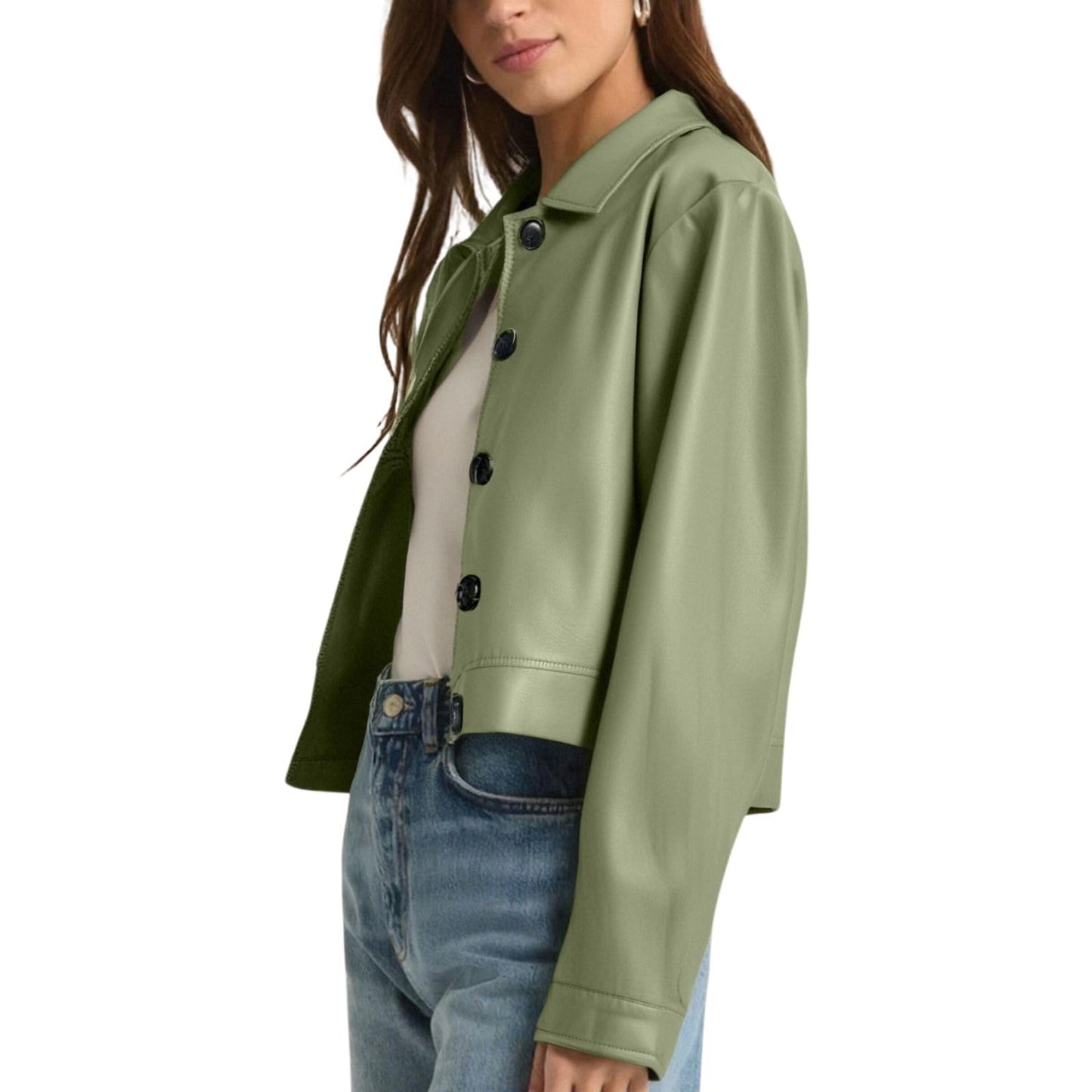 Muzly Women's Faux Leather Cropped Jackets Casual Lightweight Fall Fashion 2025 Winter Coats Outerwear Trendy Clothes(Green,XL)