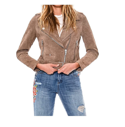 [BLANKNYC] womens Luxury Clothing Cropped Suede Leather Motorcycle Jackets, Comfortable & Stylish Coats, Sand Stoner, X-Small