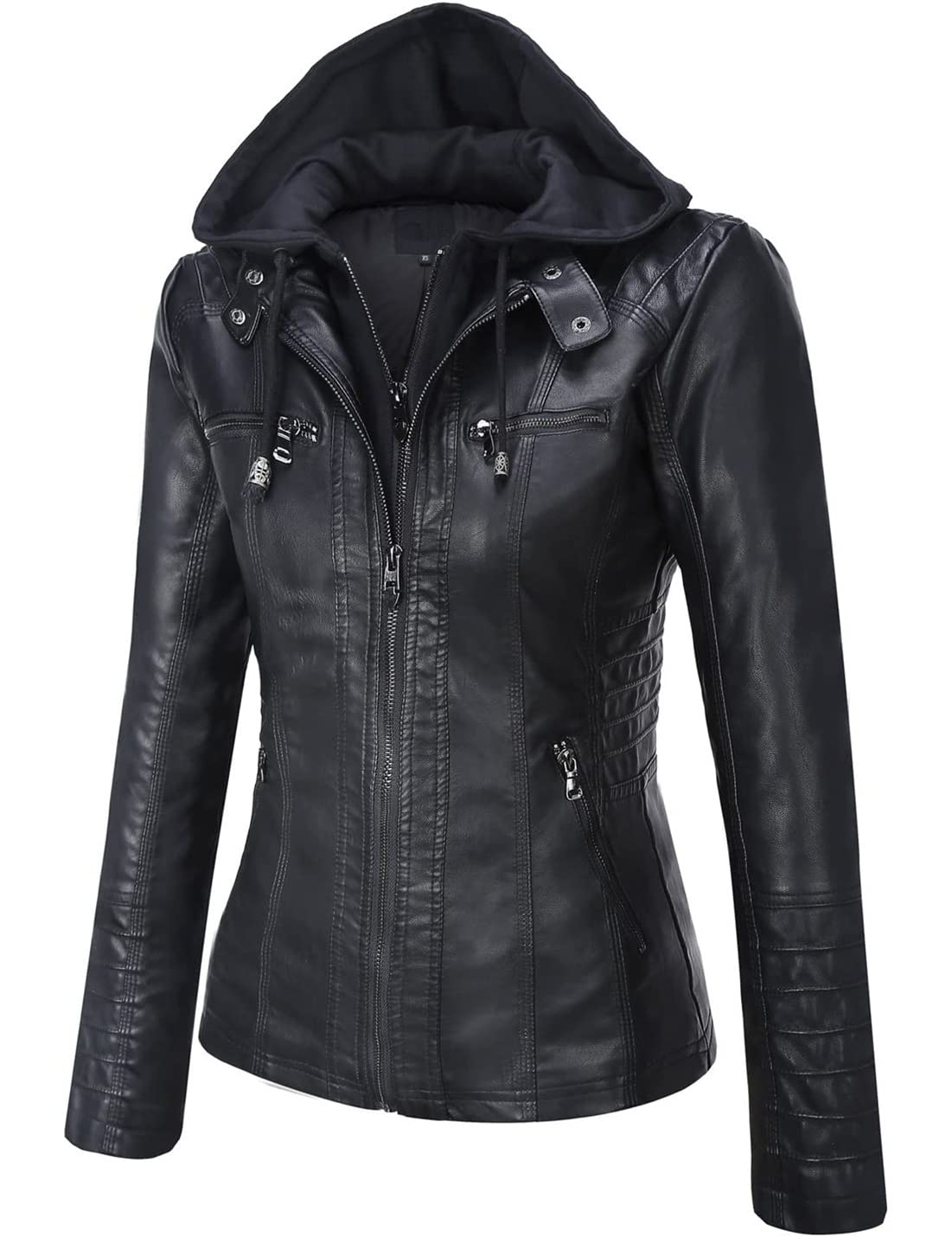 Springrain Women's Faux Leather Jacket Moto Biker Coat with Detachable Hood Motorcycle Jacket (Large, Black)