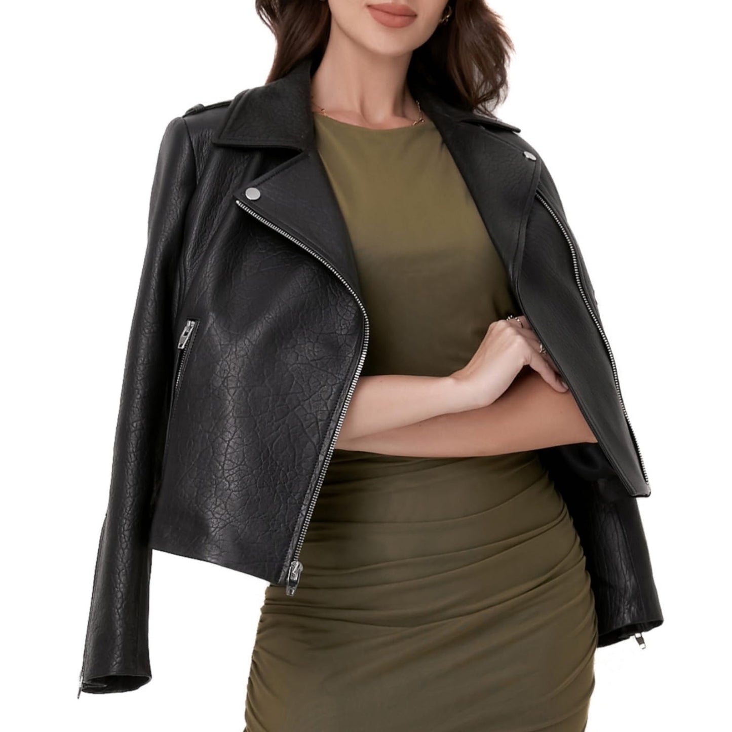 SILVER FASHIONS Lambskin Leather Jacket Women,Motorcycle Jacket,Asymmetrical Zip Style,Buckle Belts,Quilted Details (US, Alpha, X-Large, Regular, Regular, BLACK BUBBLE LAMB)