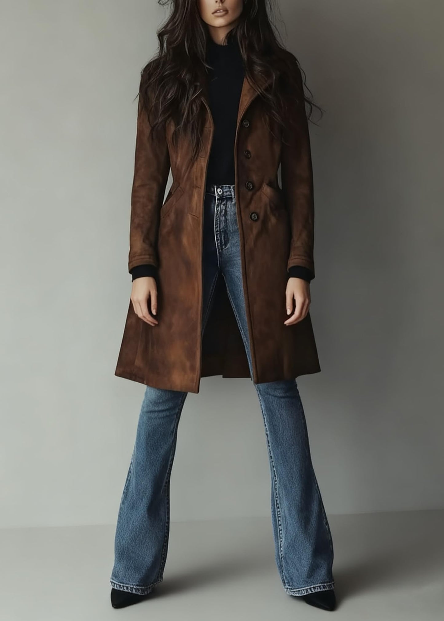 utcoco Womens Long Suede Trench Coat Single Breasted Leather Trench Overcoat with Pocket (X-Small, Dark Brown)