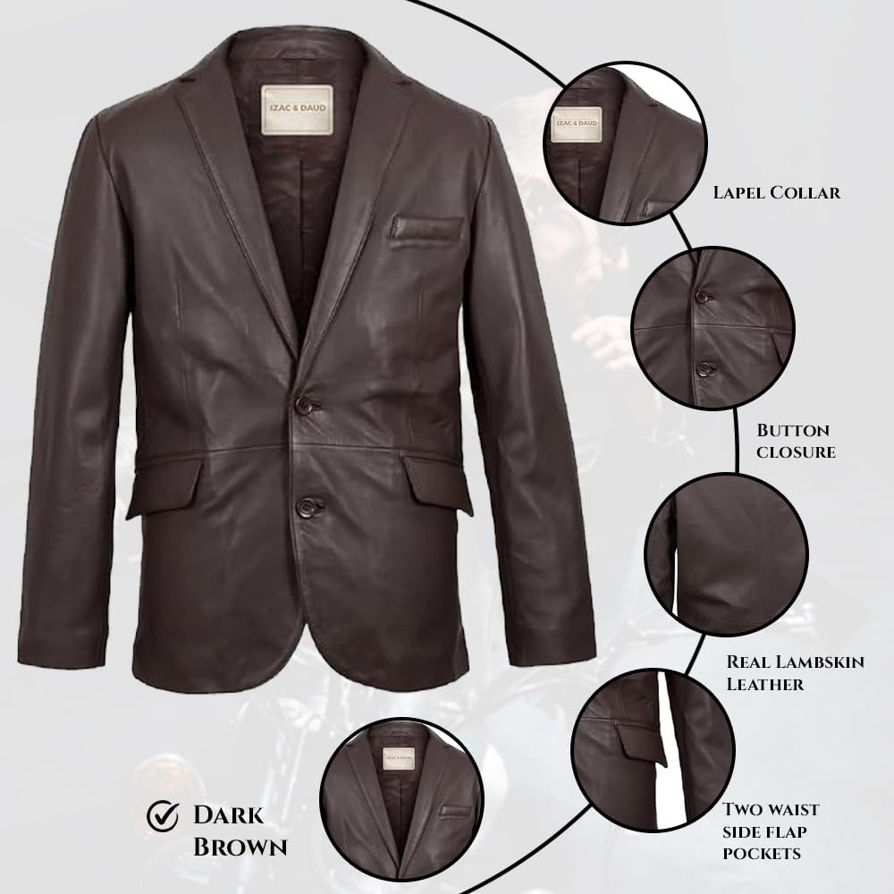 Isaac & David Chicago Lambskin Genuine Casual Wear Leather Blazer Sport Coat with Classic Button Closure for Men Tan Brown (as1, alpha, x_l, regular, regular, Dark Brown)