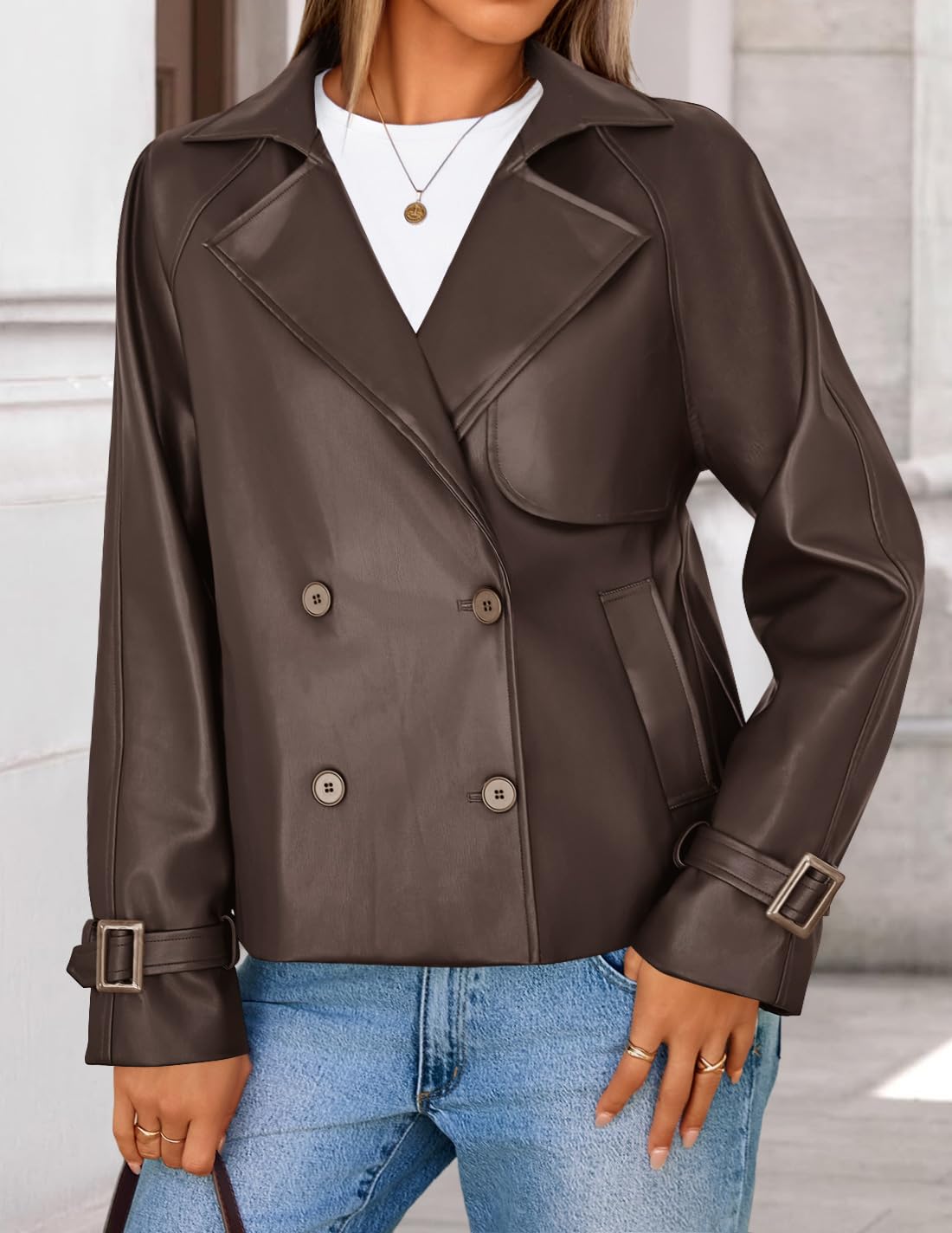 ZESICA Women's Faux Leather Jackets Oversized Fall Fashion Button Motorcycle Coats Outwear 2026 Winter Outfits Clothes,Brown,Medium