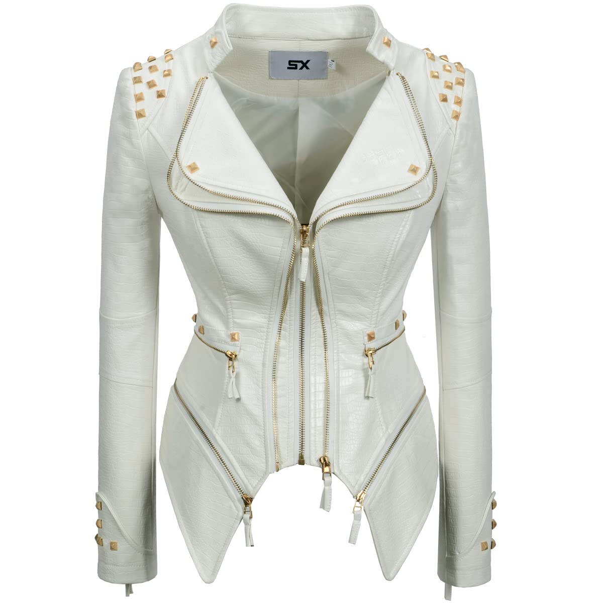Fashion SX Women's Punk Studded Faux-alligator Print Pattern PU Leather Jackets Zipper Moto Biker Coat (White, S)