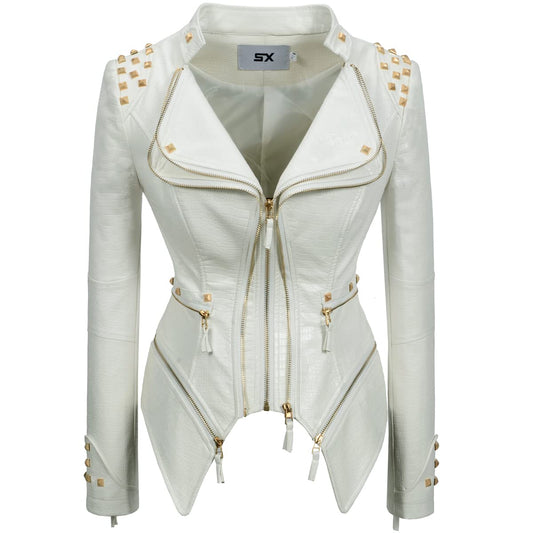Fashion SX Women's Punk Studded Faux-alligator Print Pattern PU Leather Jackets Zipper Moto Biker Coat (White, S)