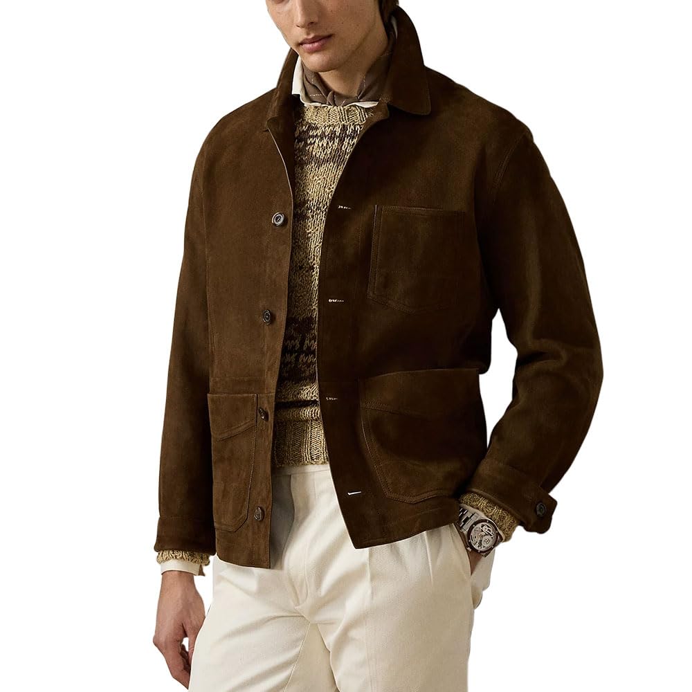 Suede Leather Jacket Men – Real Lambskin Suede Casual Leather Jackets For Men - Mens Suede Jacket (US, Alpha, Small, Regular, Regular, Brown)