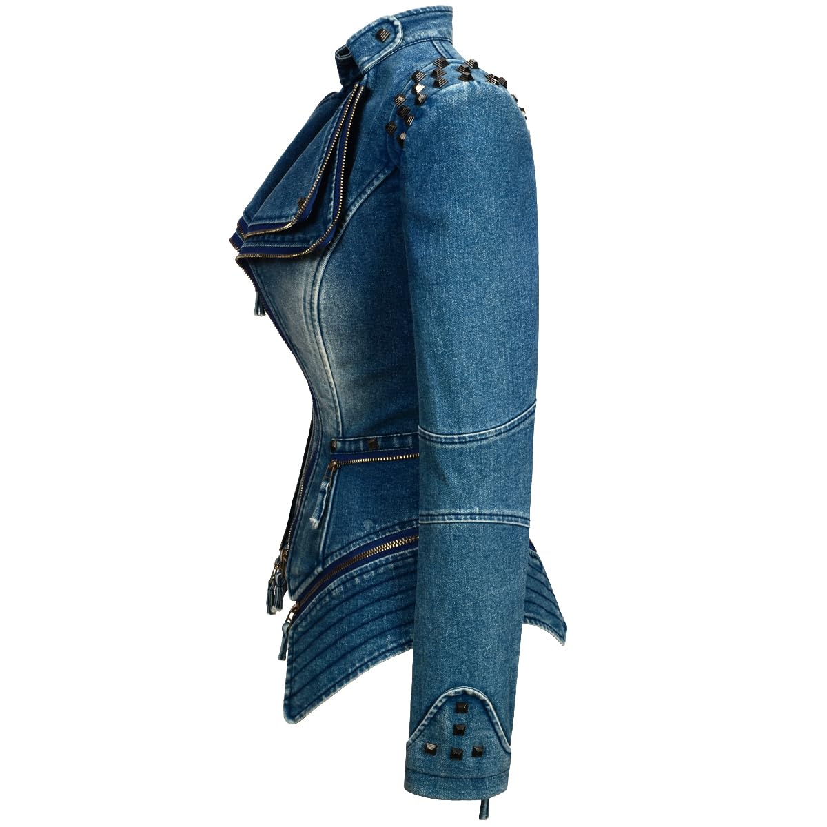 Fashion SX Womens Rivet Faux Leather Jacket Zipper Moto Biker Denim coat Motorcycle Outwear (S, Blue)