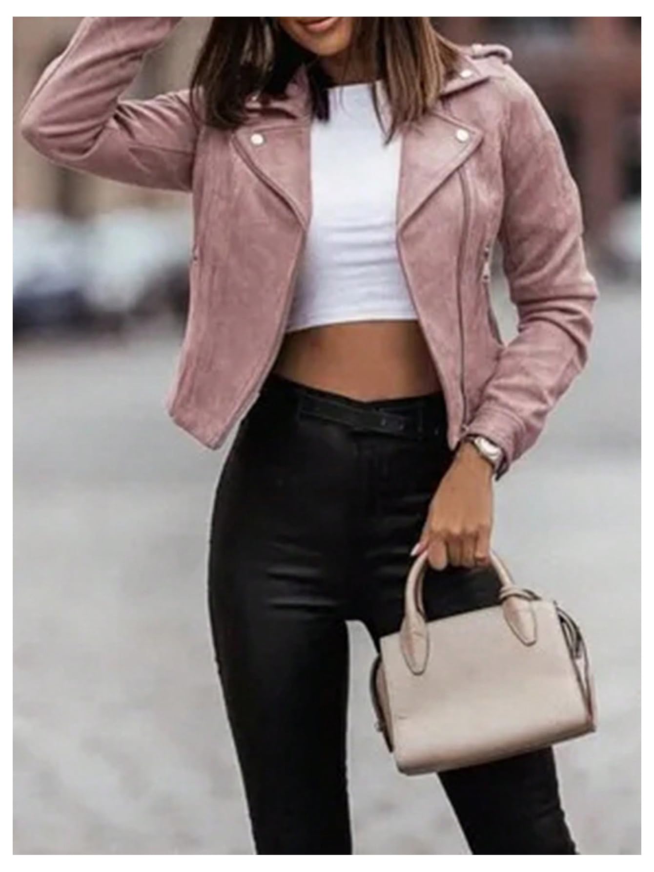 winkbay Women's Faux Suede Motorcycle Jacket Vintage Zip Up Lapel Collar Casual Biker Bomber Jackets Outerwear Light Pink Medium