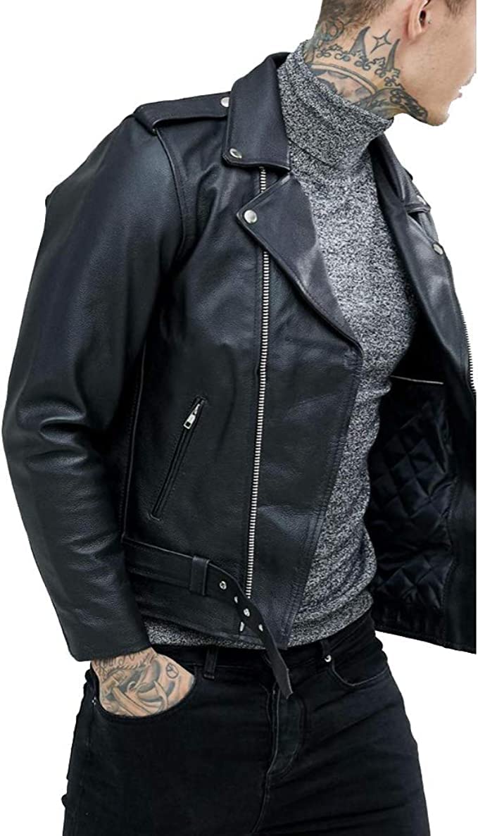 Lishow Fashion Men's Biker Rider Motorcycle Motorbike Rocker Retro Genuine Cowhide Leather jacket By Reclaimed Vintage (US, Alpha, Small, Regular, Regular, Black)