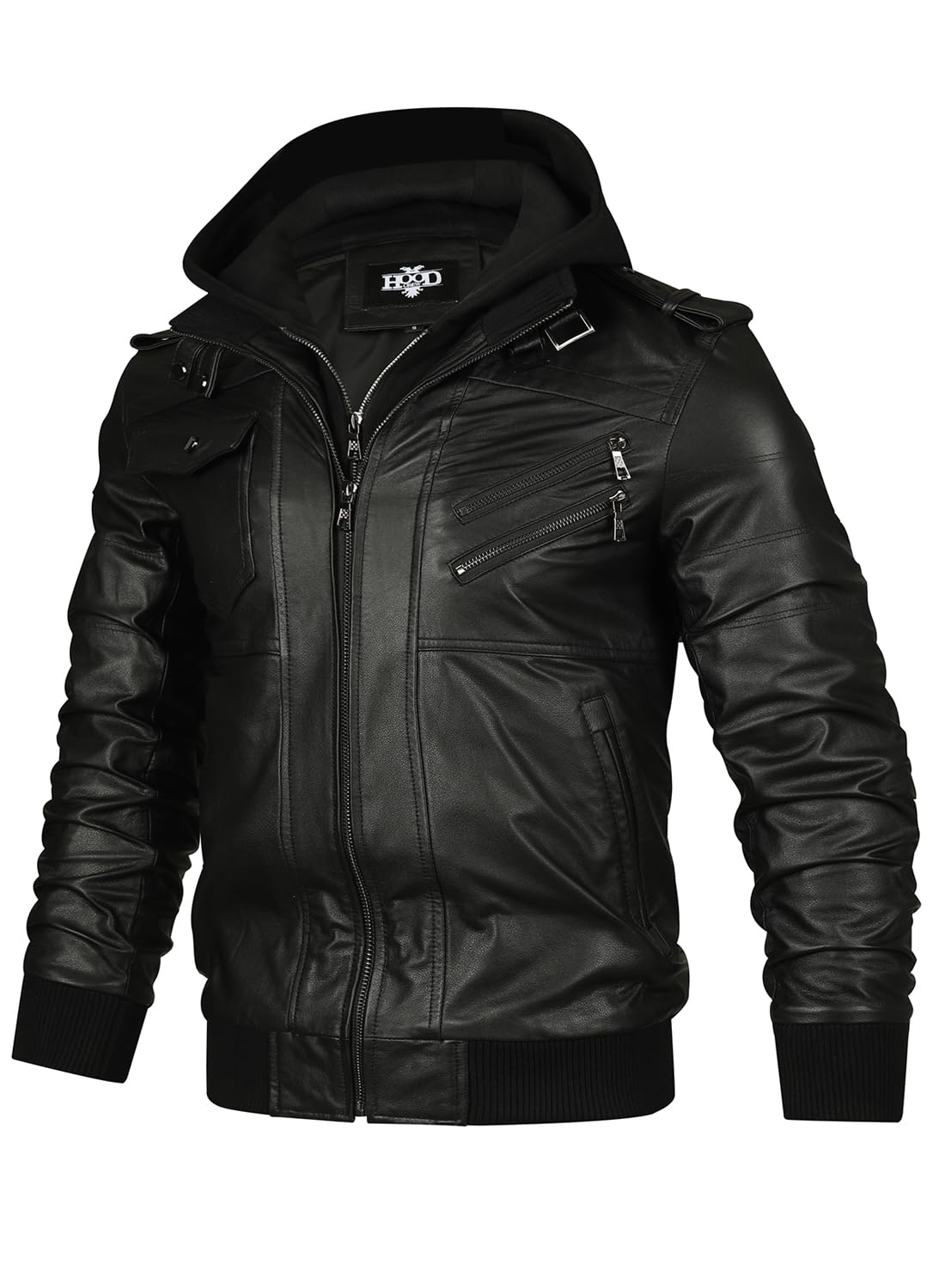 HOOD CREW Men’s Genuine Cowhide Leather Jacket Black Hooded Motorcycle Biker Jacket for Men