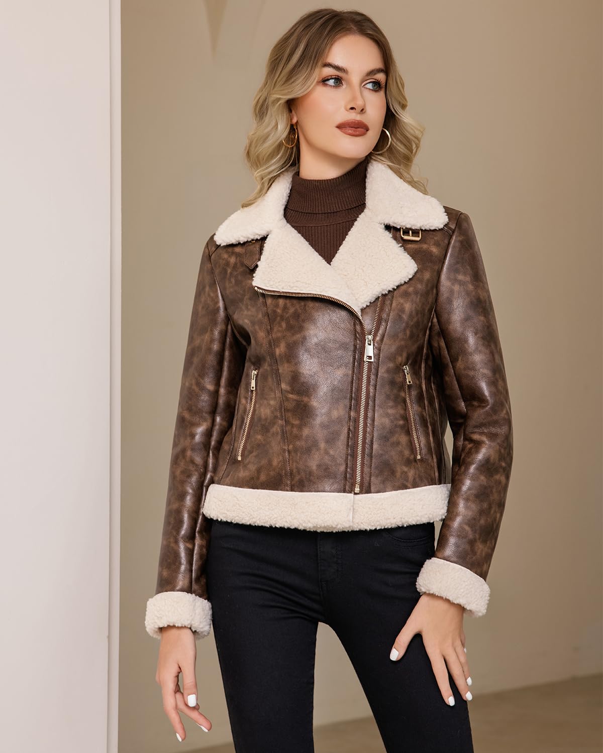 Women's Faux Shearing Moto Jacket Thick Fur Lined Coat Cropped Sherpa Leather Jacket Mixed Brown S