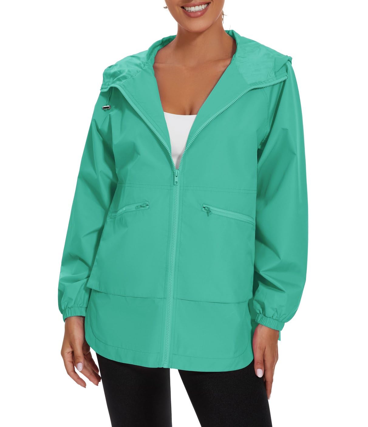 PESION Rain Jacket Women Lightweight Waterproof Raincoat with Hood Cycling Biker Jackets, Lake Green