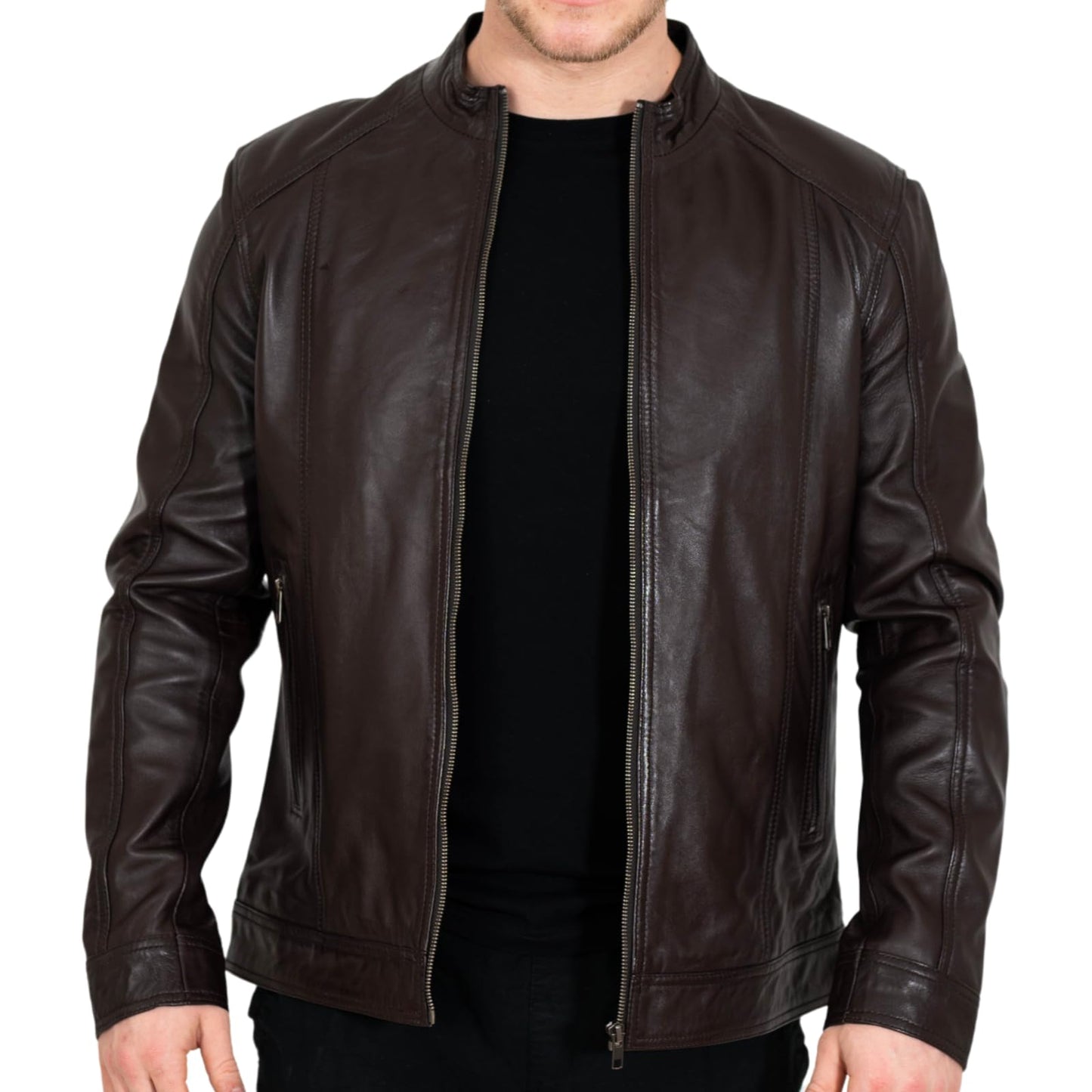 BRICK LANE Stand Collar Leather Jacket for Men | Timeless Design - Genuine Lamb Nappa Leather Cafe Racer Jacket (US, Alpha, X-Large, Regular, Regular, Brown)