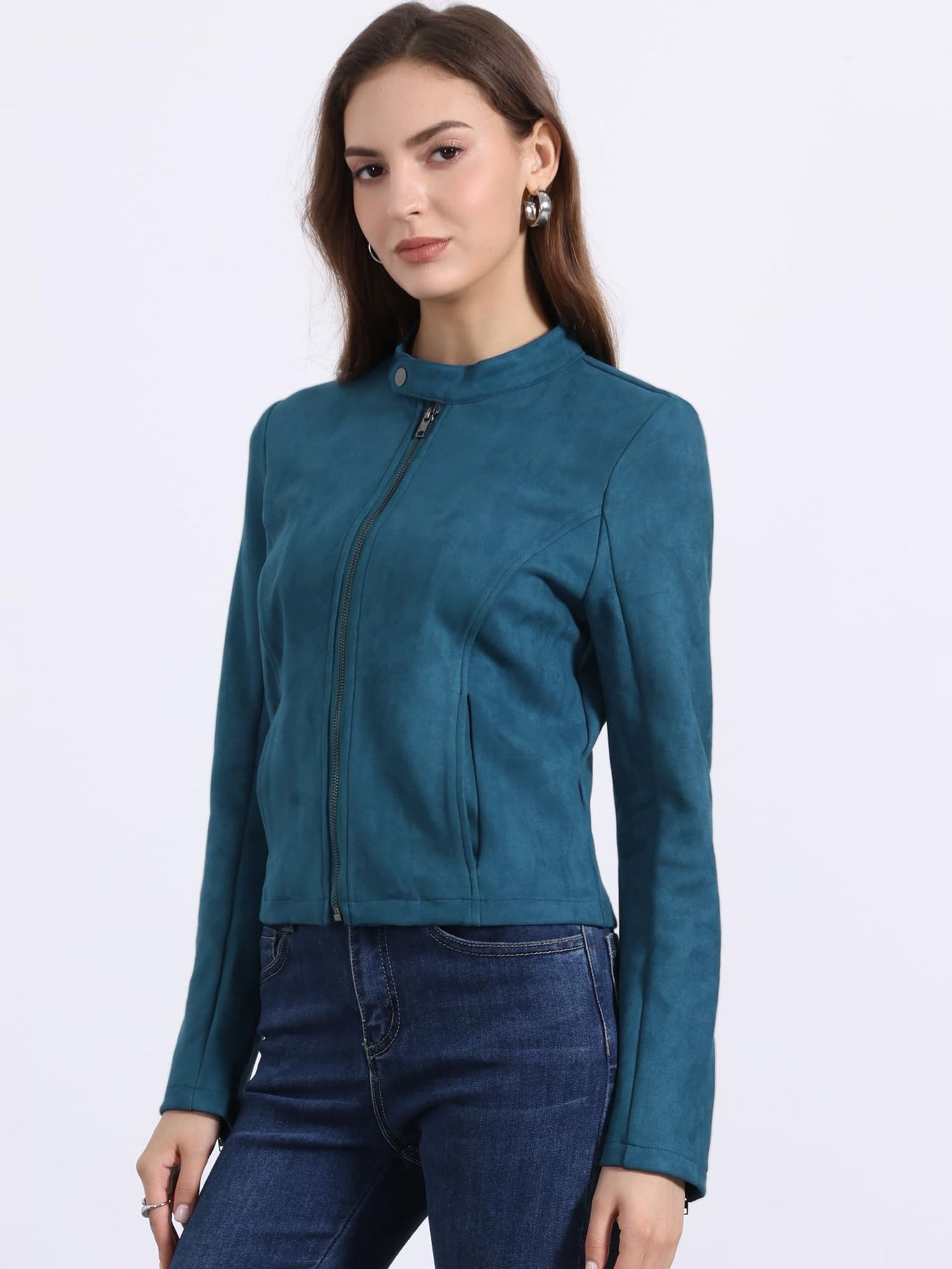 Allegra K Women's Faux Suede Jacket Stand Collar Zip Up Long Sleeve Motorcycle Biker Coat X-Large Peacock Blue