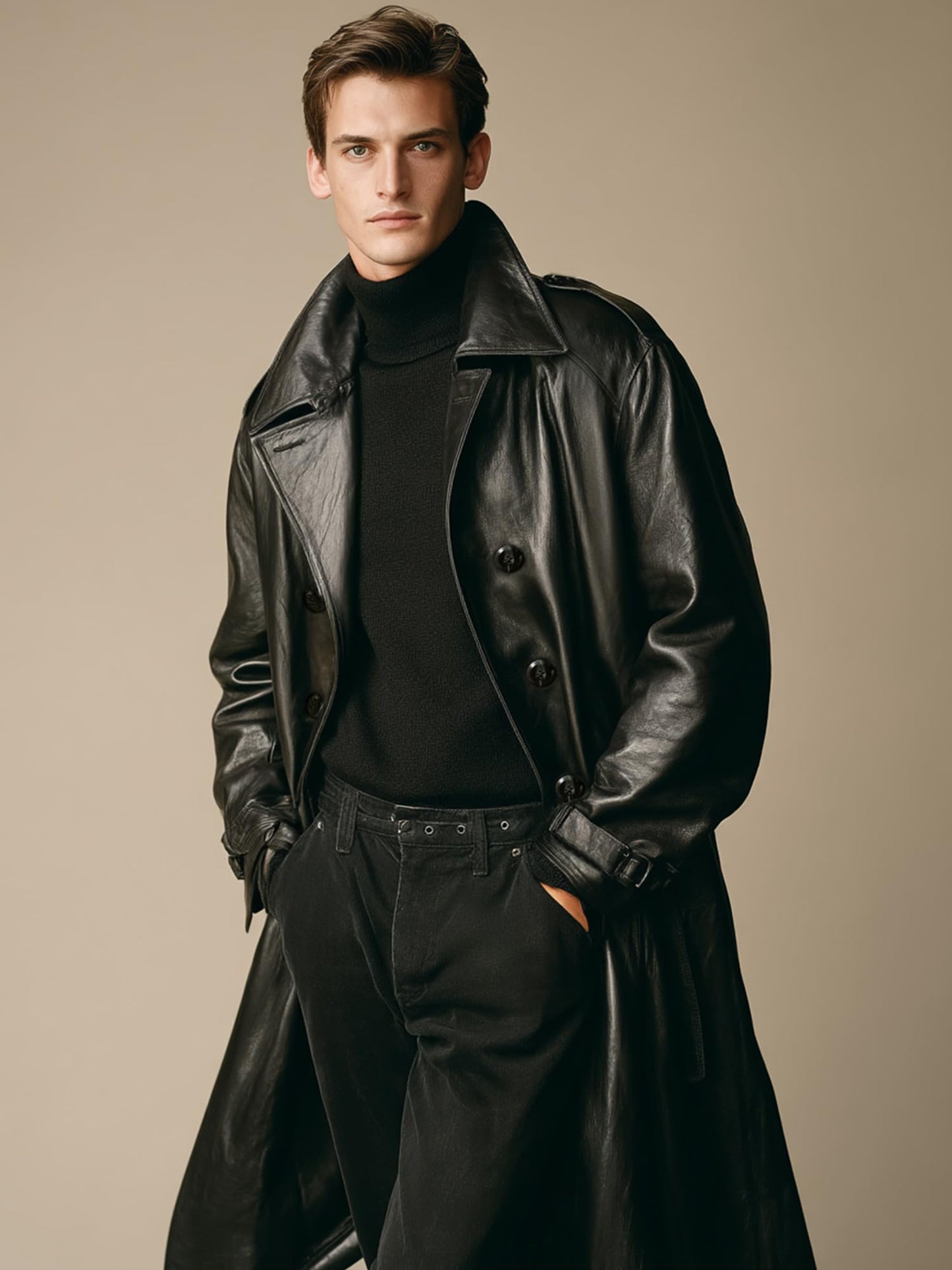 WPKDS Men's Genuine Leather Trench Coat, Mid-Length Double Breasted with Belt, Leather Overcoat Jacket (US, Alpha, XX-Large, Regular, Regular, Black)