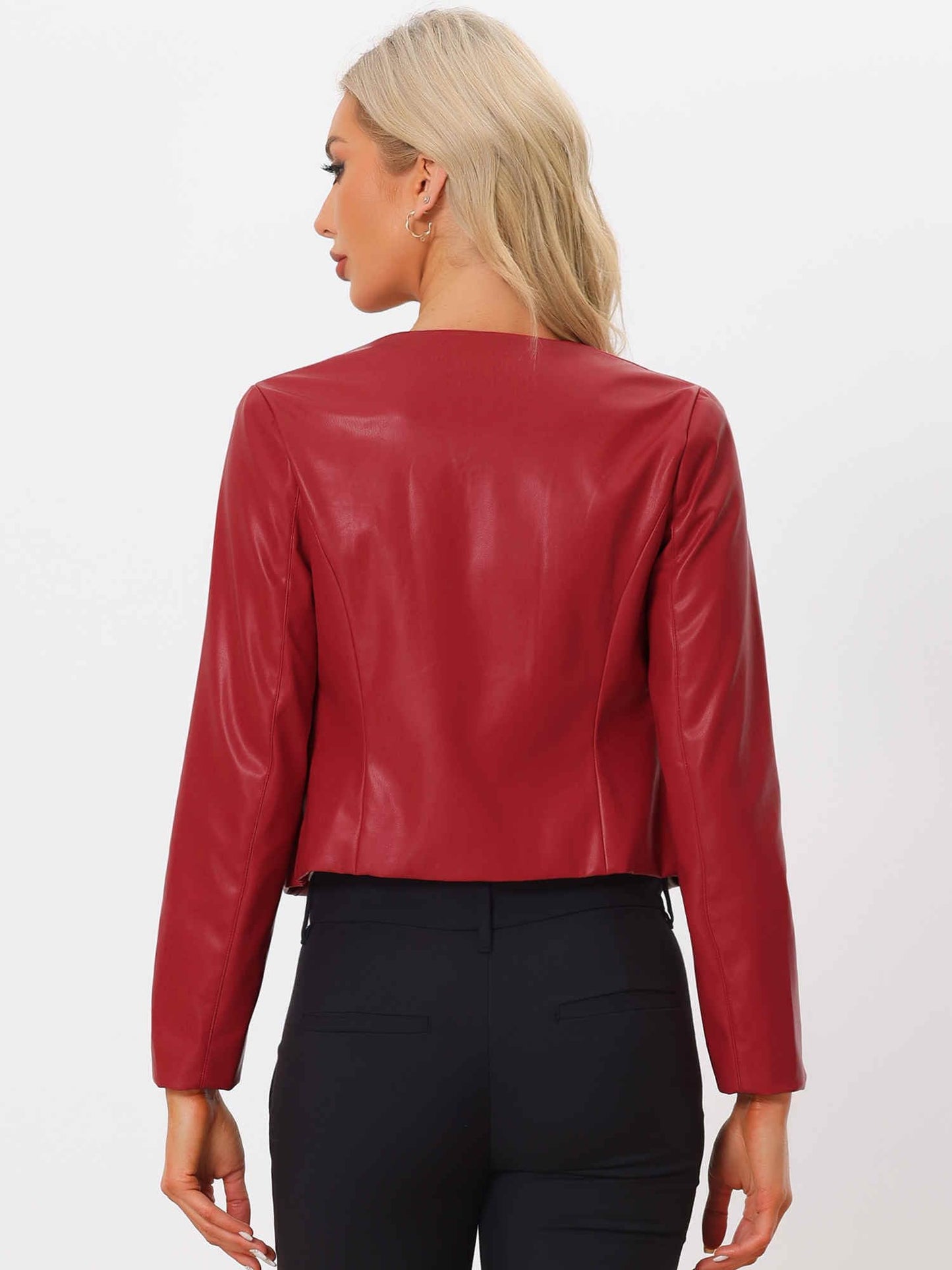 Allegra K Women Faux Collarless Open Front Crop PU Leather Moto Jacket