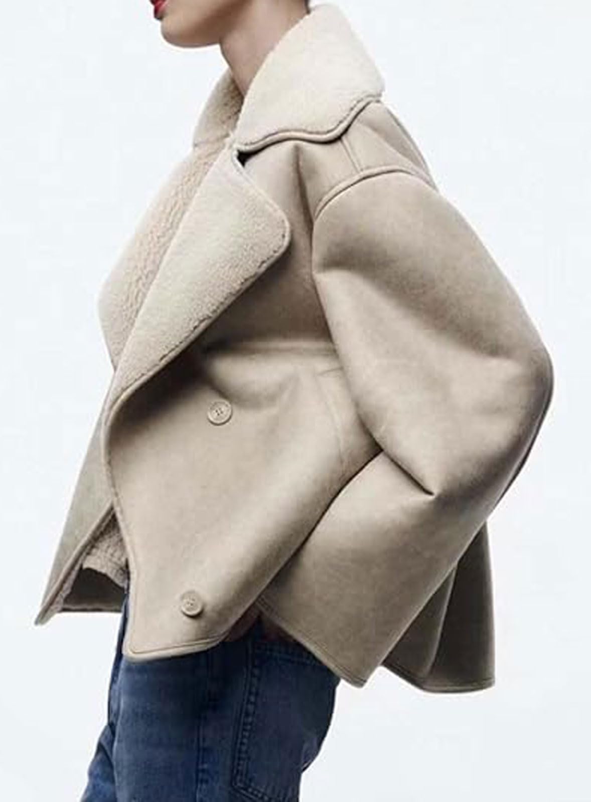 loveimgs Women Thicken Sherpa Lined Faux Suede Jacket Oversized Leather Coat Shearling Fleece Moto Jacket Biker Winter Overcoat (Medium, Beige)