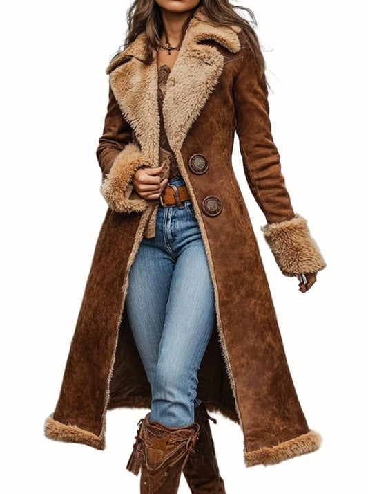 chouyatou Women's Faux Suede Sherpa Lined Midi Long Jacket Fleece Notch Lapel Winter Trench Coat (X-Large, Brown)