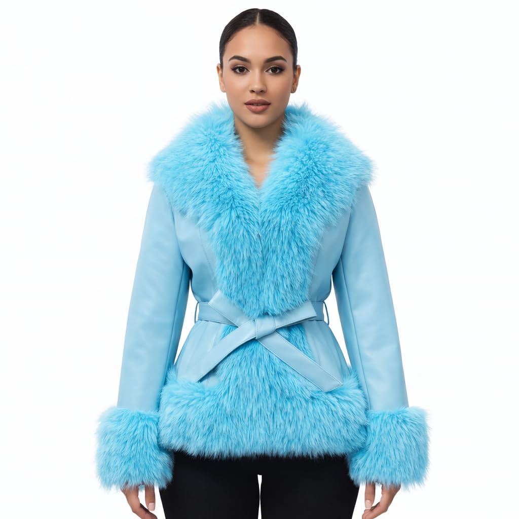 DLNYC Waist Length Warm Winter Vegan Leather Jacket with Faux Fur Trim (US, Alpha, Large, Regular, Regular, Blue)