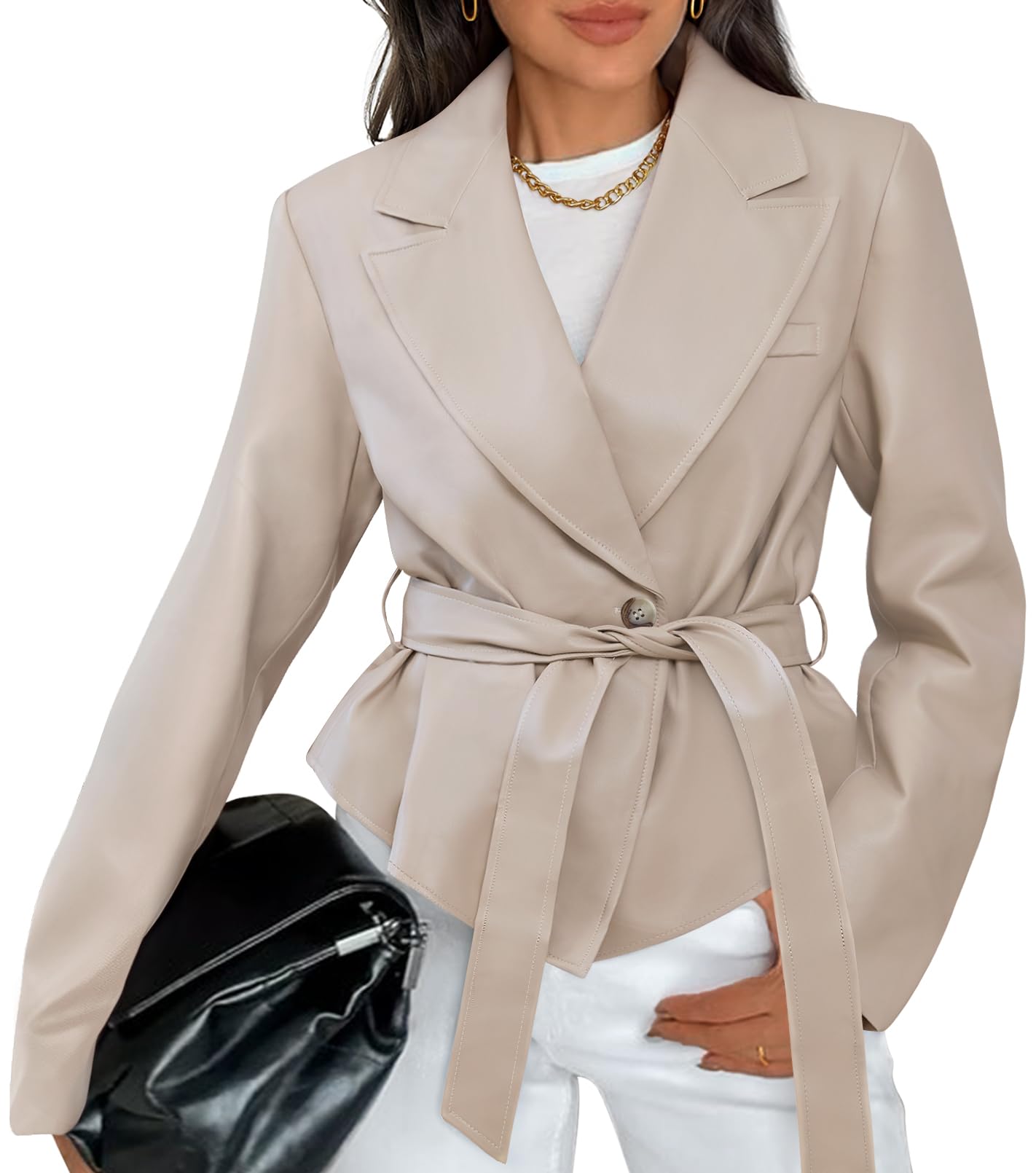 MEROKEETY Women's Fall Fashion 2025 Leather Jacket Casual Belt Button Down Blazer Trendy Coat Outerwear, Apricot, Medium