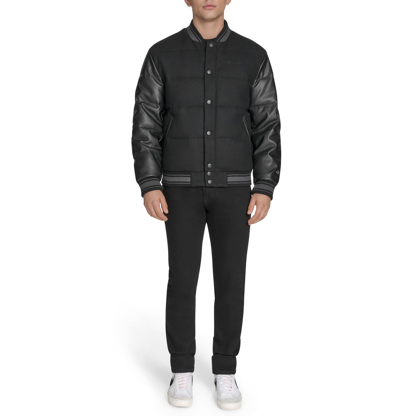 Champion Men's Varsity Bomber Puffer Jacket, Black Faux Leather, Large