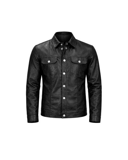 Rauly Trucker Leather Jacket Men Real Lambskin Button Front Shirt Collar Mens Leather Jacket