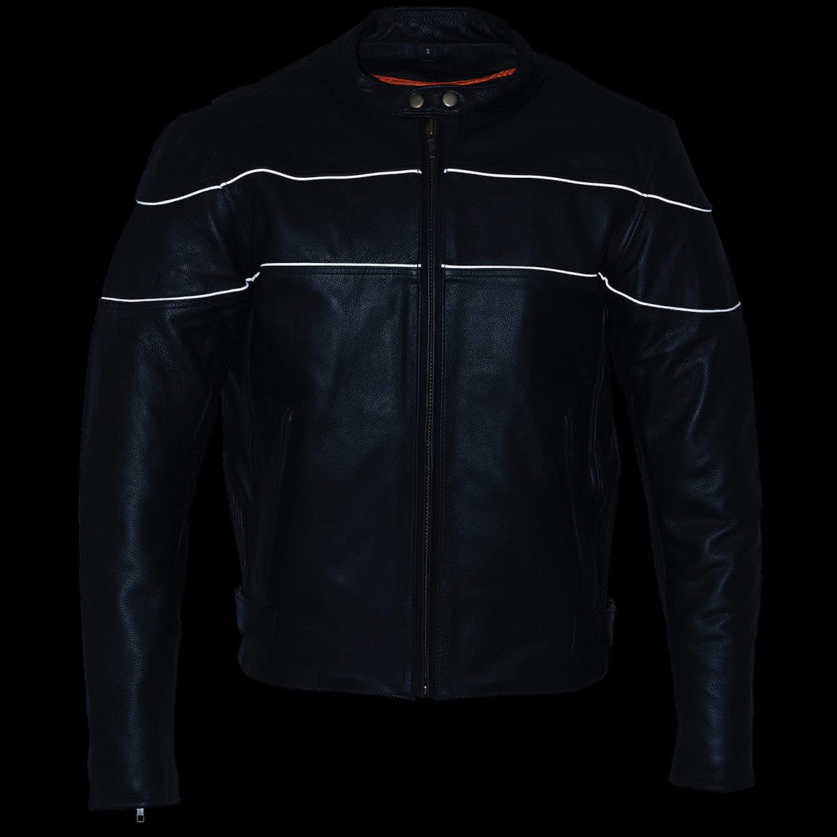 Milwaukee Leather SH1785 Men's Black Leather Scooter Style Motorcycle Jacket w/Side Stretch and Reflective Piping - Large