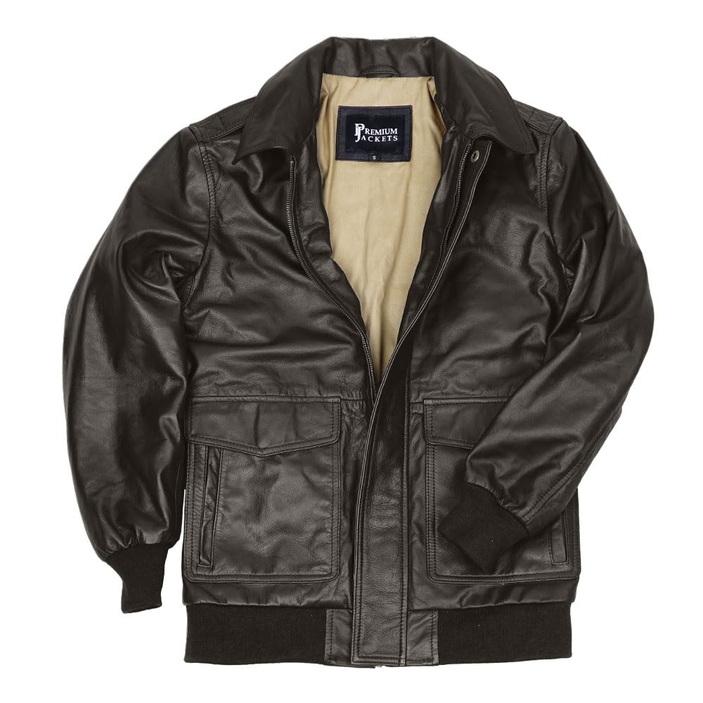 Men's Classic A2 Aviator WWII Flying Tiger Leather Jacket - Pilot Bomber Leather Jacket With Shirt Collar For Men (US, Alpha, Large, Regular, Regular, Dark Brown)