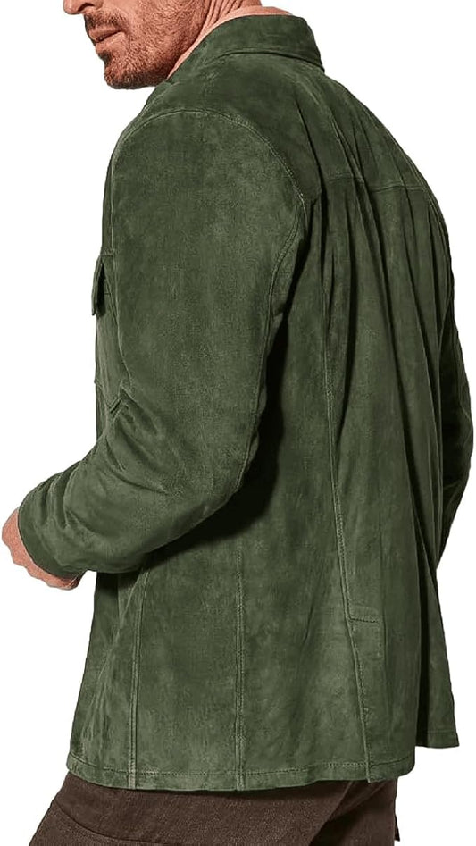 Cowboy Real Suede Leather Men's Trucker Bomber Jacket – Western-Inspired Shirt Style Design (Olive, Suede, 3XL)