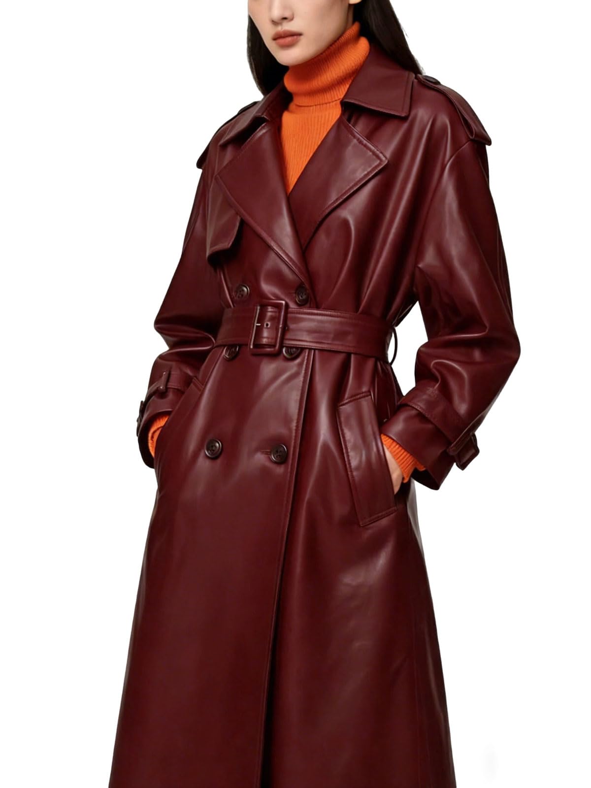 utcoco Women's Faux Leather Trench Coat Double Breasted Belted High Waist Long PU Leather Jacket Fall Winter Outerwear (XX-Large, Wine Red)
