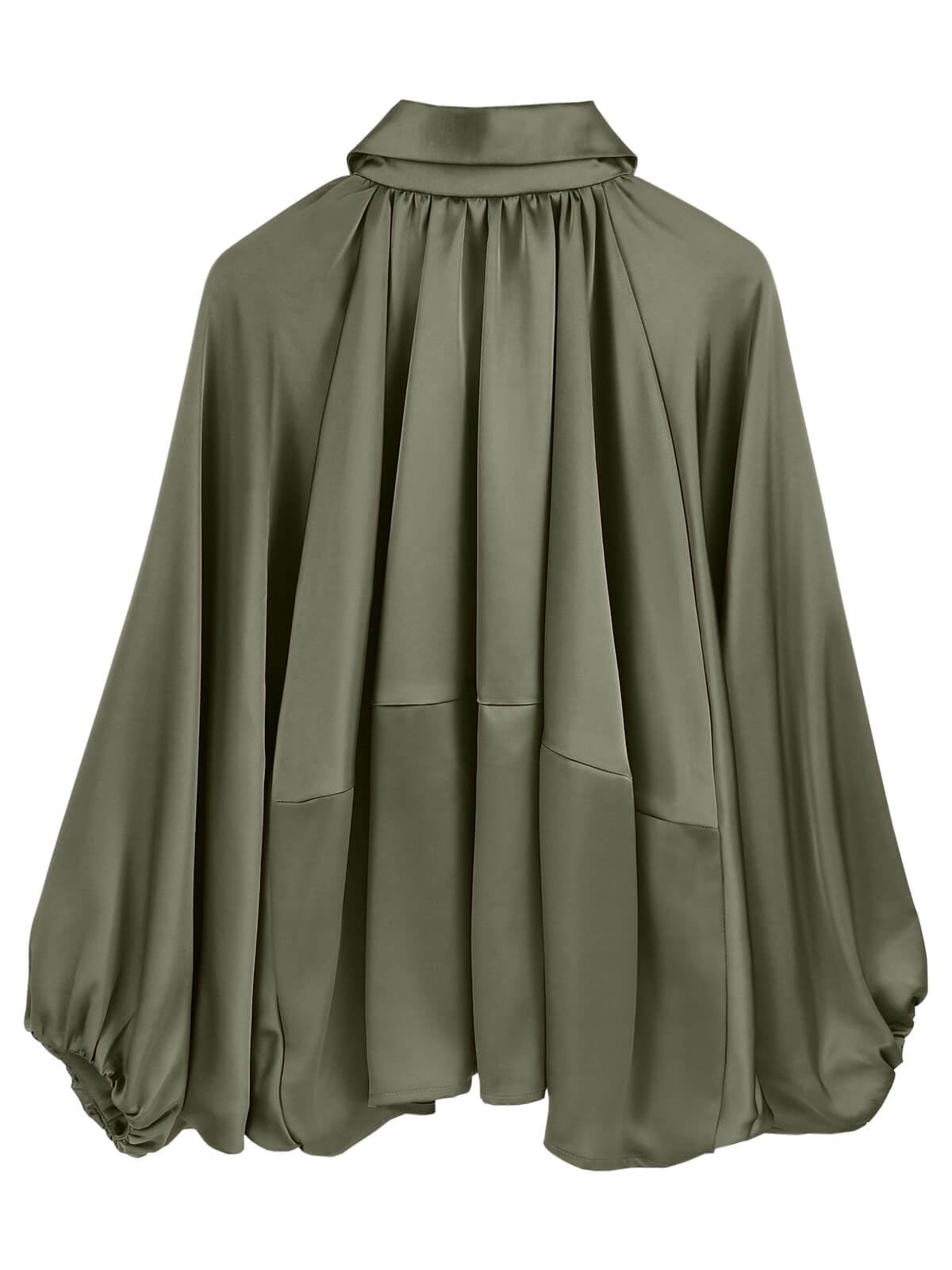 EGOCKAL Womens Satin Puffed Bomber Jacket Oversized Batwing Sleeve Lapel Collar Pleated Zip Up Outerwear Shirts