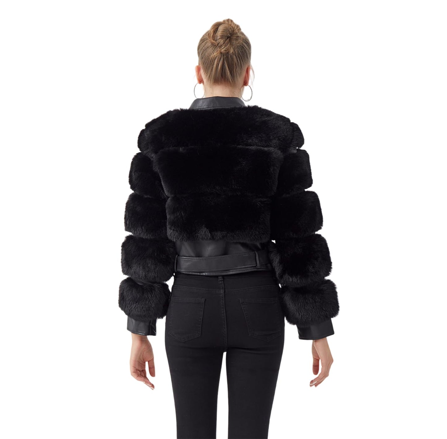 GRAN ORIENTE Women's Moto Style Cropped Faux Fur Jacket,Faux Leather Belted Biker Coat,Zip Up Plush Winter Outerwear (GK098A Black, M)