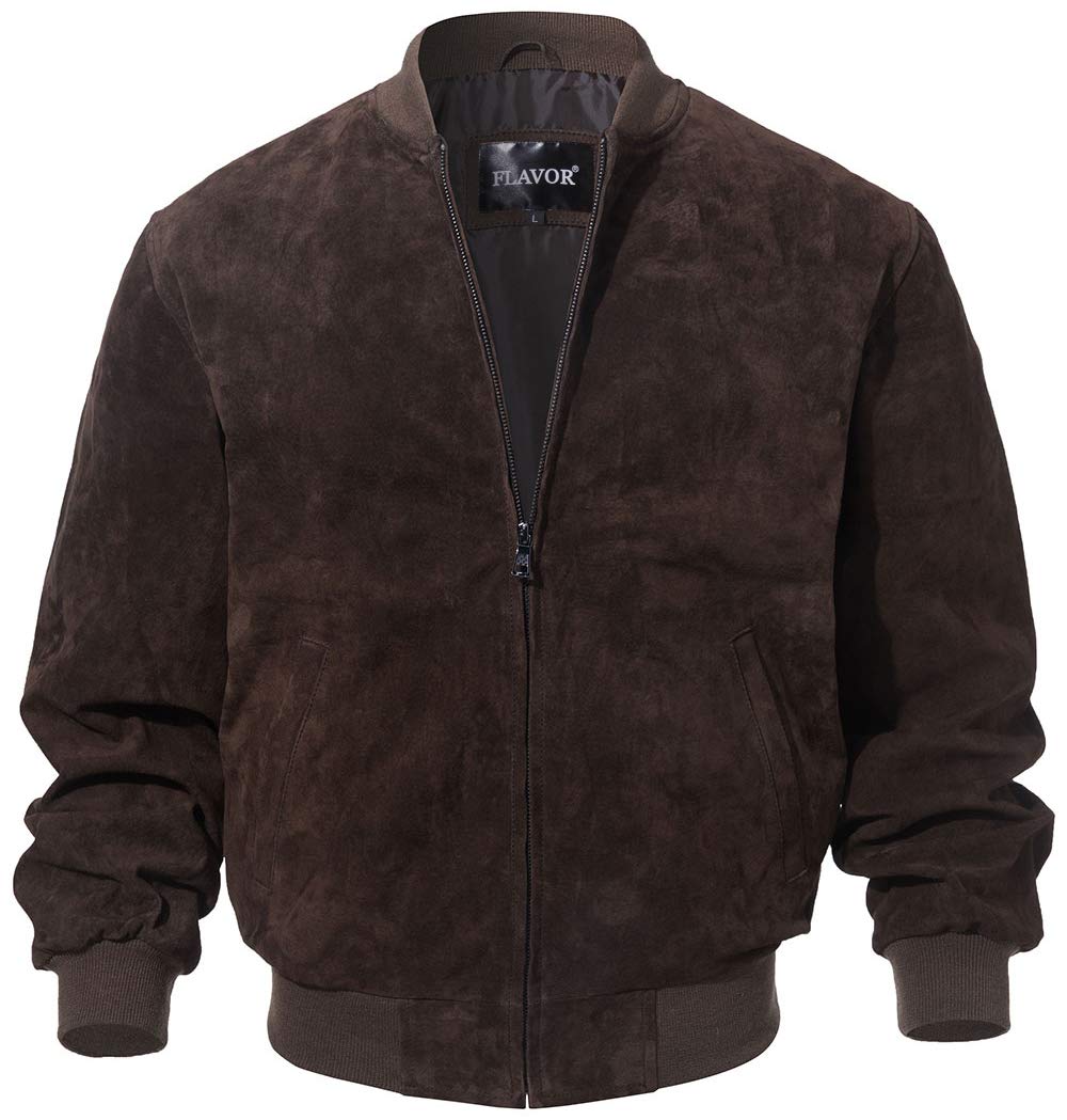FLAVOR Men's Leather Baseball Jacket Vintage Suede Pigskin. (Large, Dark Brown)