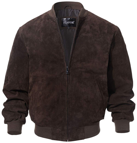 FLAVOR Men's Leather Baseball Jacket Vintage Suede Pigskin. (Large, Dark Brown)