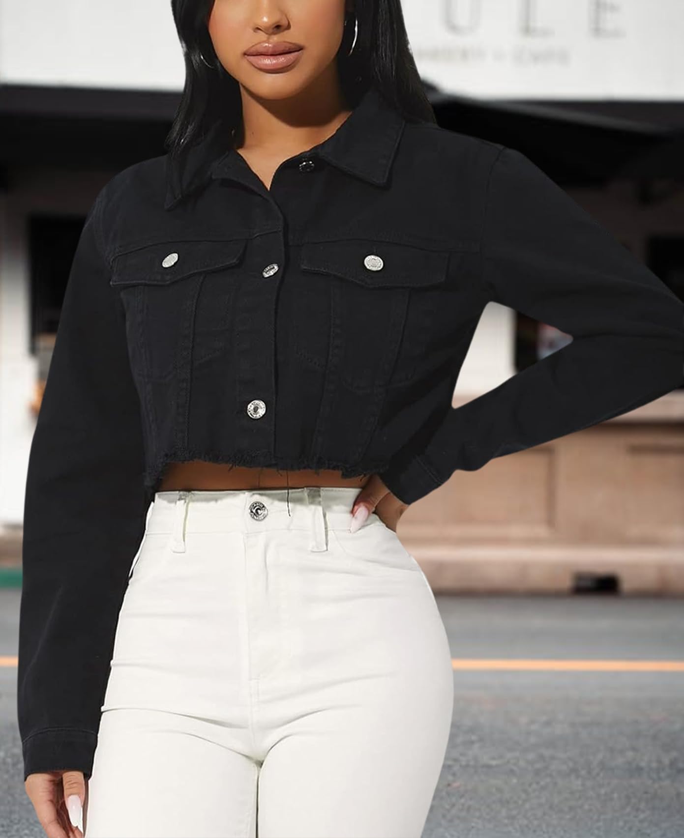 RomMoon Women's Denim Jackets Cropped Jean Jacket Long Sleeve Casual Button Down Crop Jean Jacket