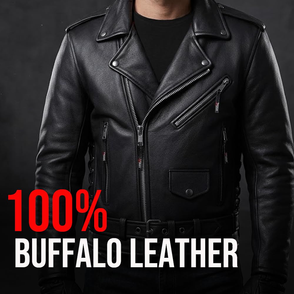 ICONIC Motorcycle Jacket for Men, Premium Buffalo Leather, Insulated Liner, Classic Side Laces, Cruiser Biker Black L