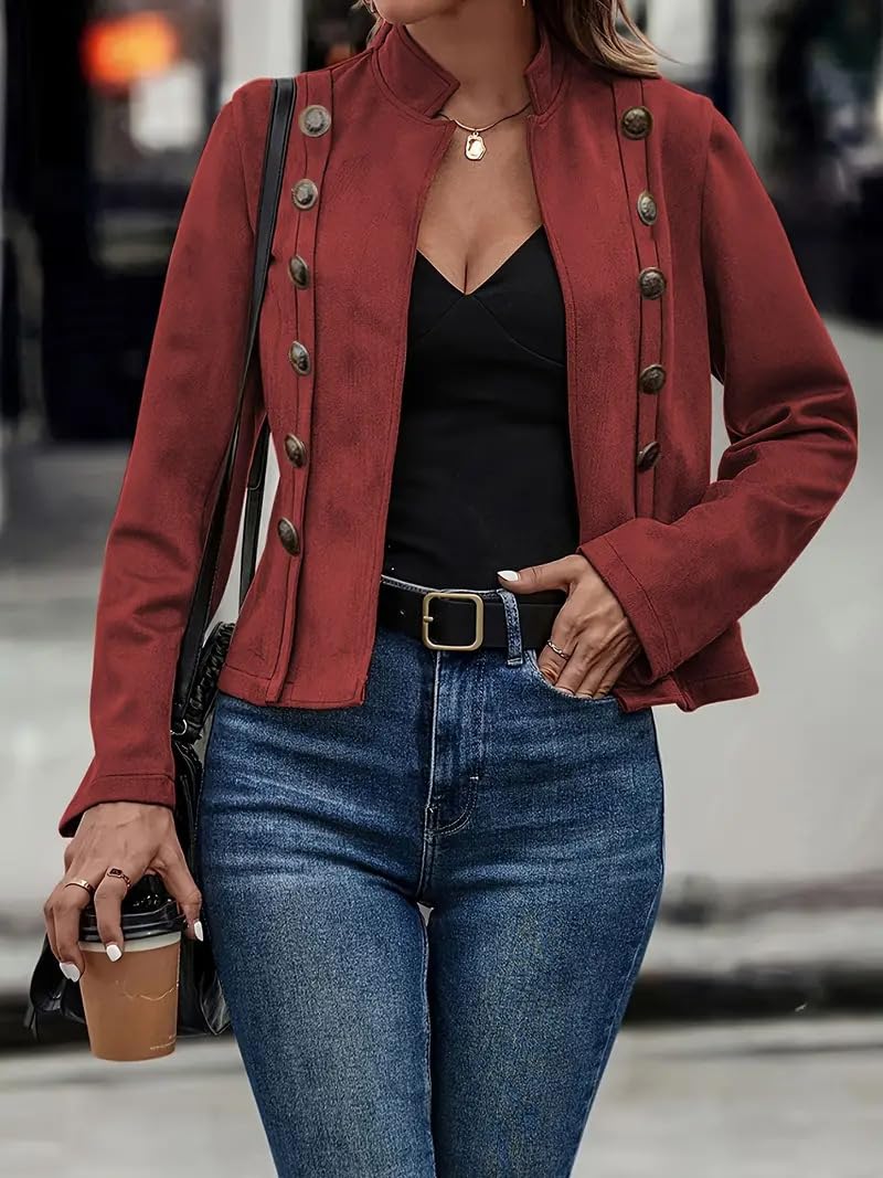 utcoco Women's Faux Suede Leather Jacket Casual Long Sleeve Blazer Jacket Coat 2025 Fall Outfits (Medium, Red)