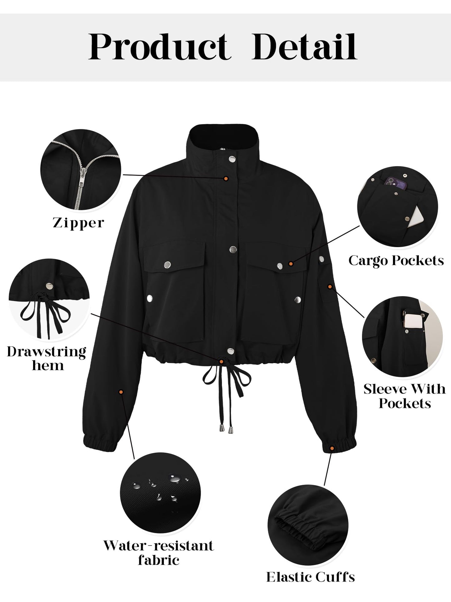 UEAL Womens Lightweight Cropped Bomber Jacket With Pockets Black L