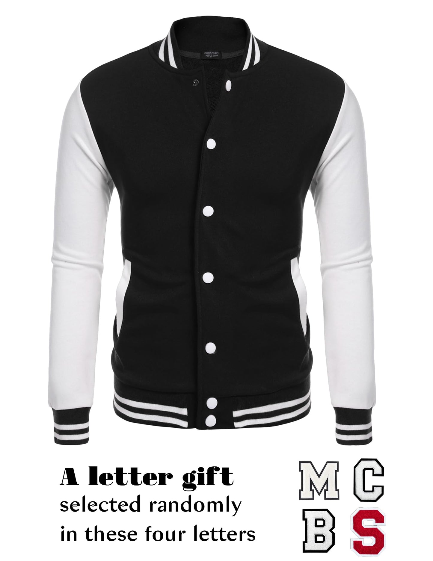 COOFANDY Men's Fashion Varsity Jacket Causal Slim Fit Cotton Letterman Baseball Bomber Jackets, Black, Medium