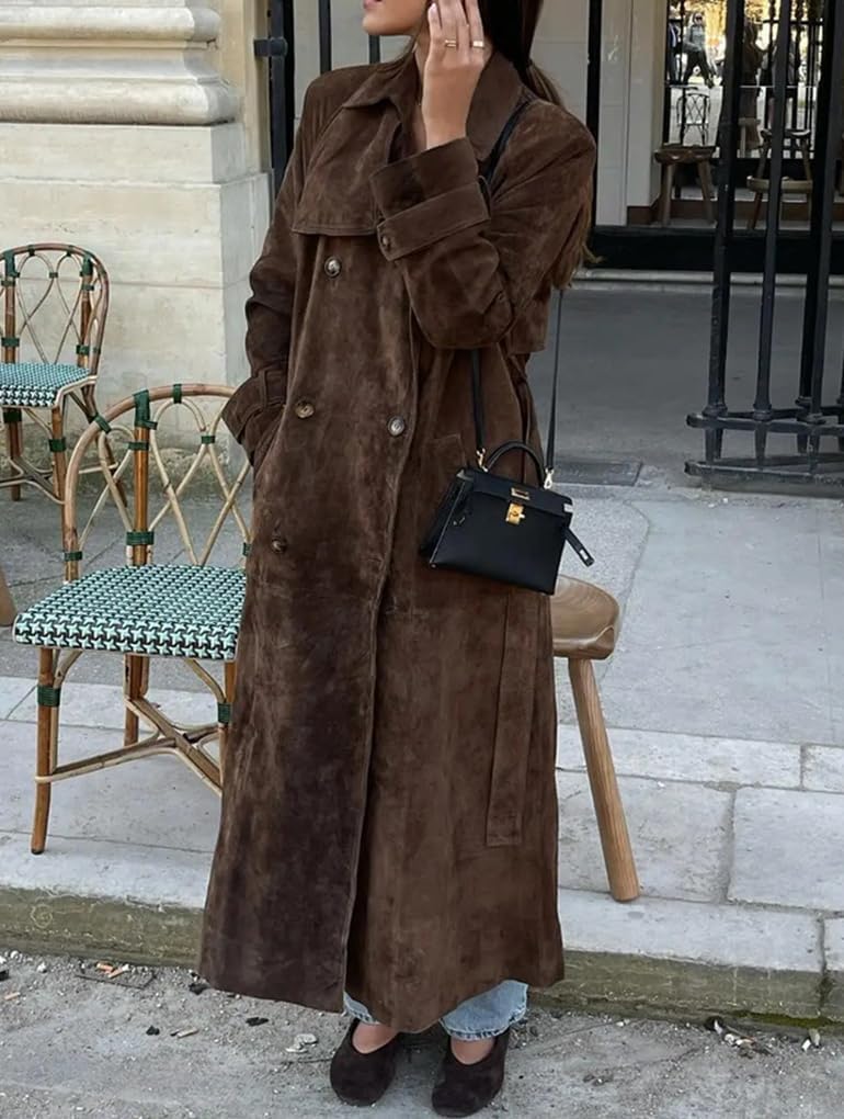 uhbkezy Brown Faux Suede Trench Coat Women Long Suede Leather Jacket 2025 Fall Winter Coats Warm Double Breasted Blazer Pea Coat Overcoat with Belt (Brown,S)