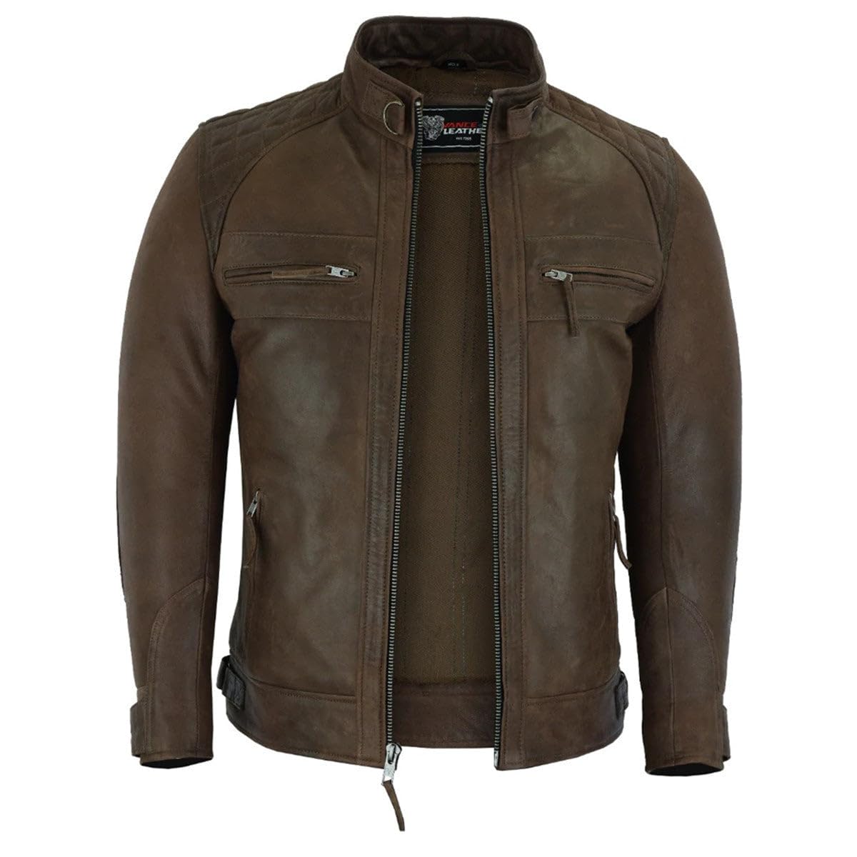 Vance Leather' Men's Cafe Racer Waxed Lambskin Chocolate Brown Motorcycle Leather Jacket (M, Chocolate Brown)