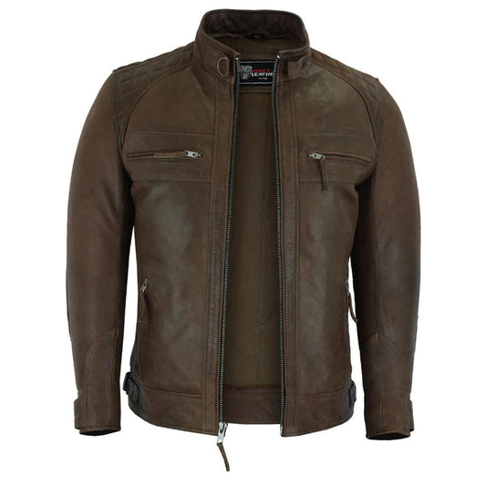 Vance Leather' Men's Cafe Racer Waxed Lambskin Chocolate Brown Motorcycle Leather Jacket (M, Chocolate Brown)
