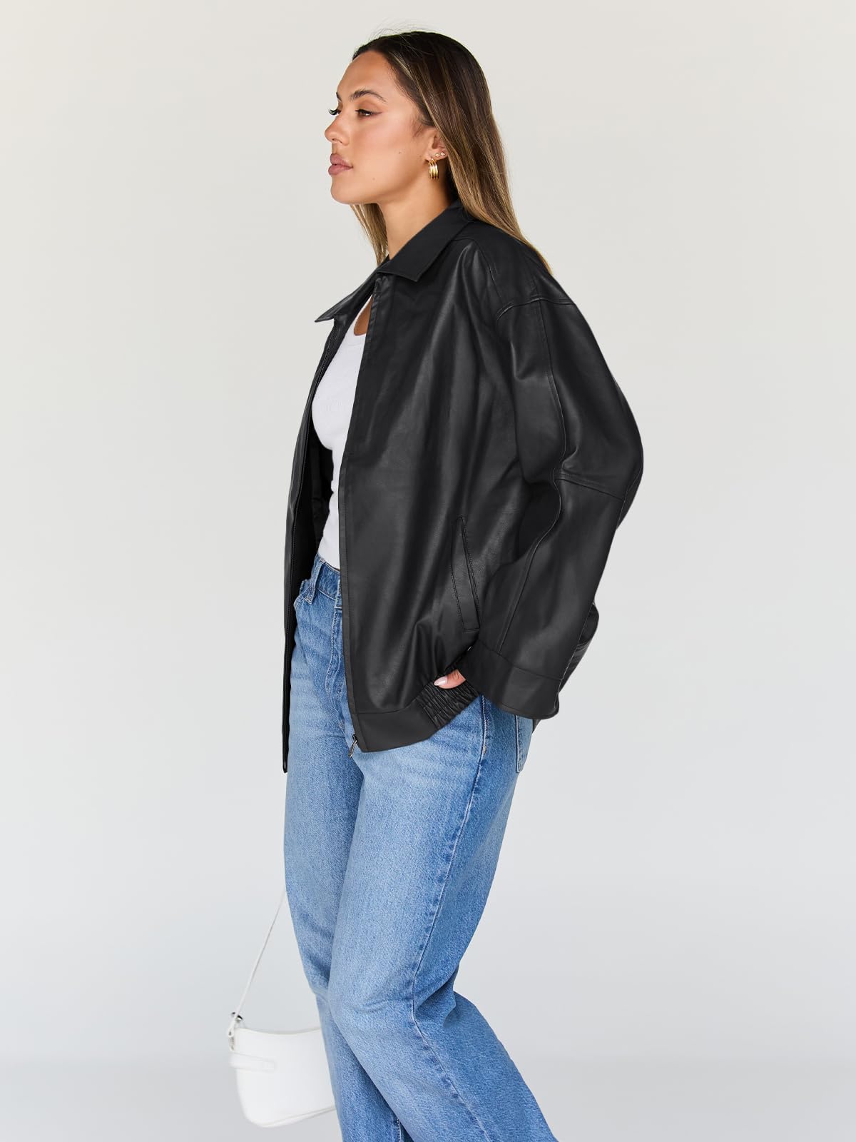 Trendy Queen Womens Leather Jacket, Oversized Night Out & Everyday Statement Piece, Bomber Jackets Fall Moto Coat Black M
