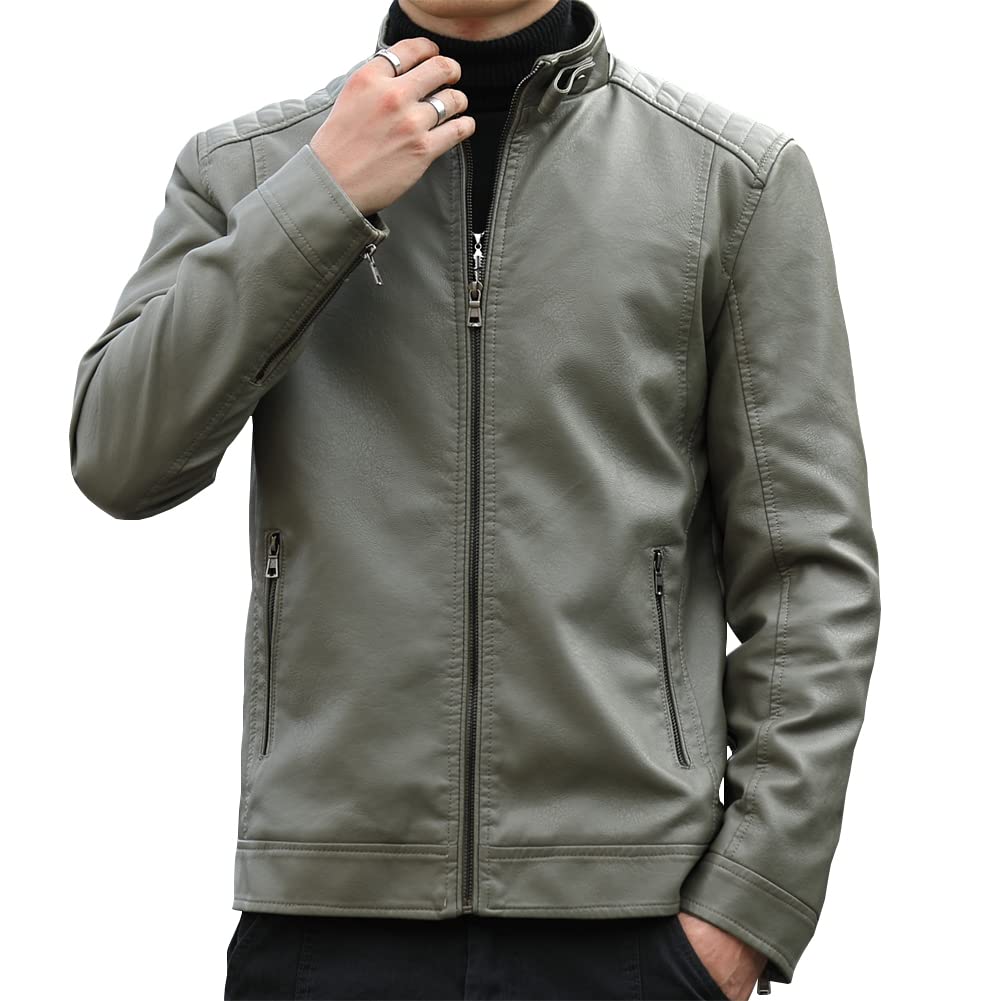 Womleys Mens Casual Stand Collar Faux Leather Jacket Biker Motorcycle Jackets (Pea Green, Medium)