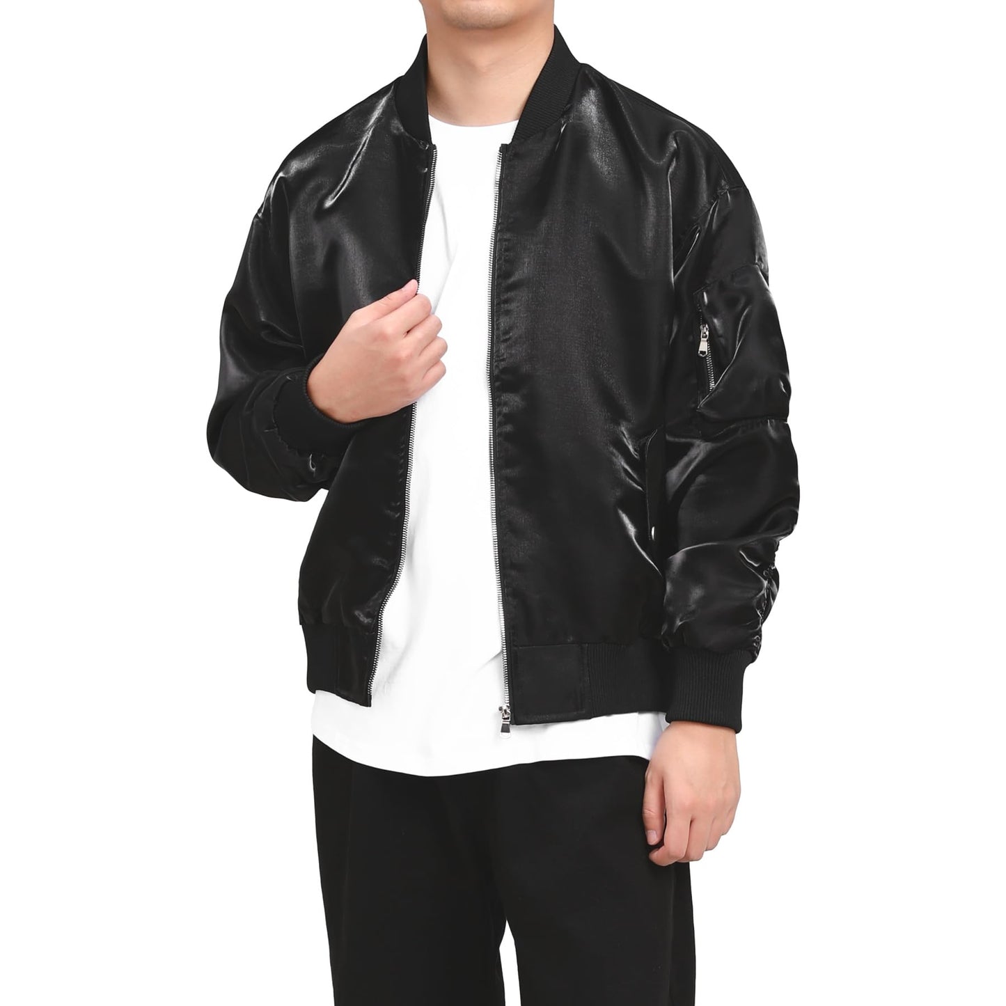 BYBNOLL Men's Satin Bomber Jacket Full Zip Flight Coat with Sleeve Pocket (Black,L)