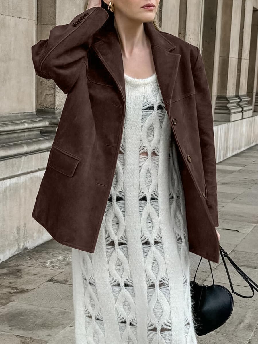 chouyatou Women's Faux Suede Blazer Jacket Notched Lapel Single Breasted Faux Suede Leather Suit Jacket (X-Small, Coffee Brown)